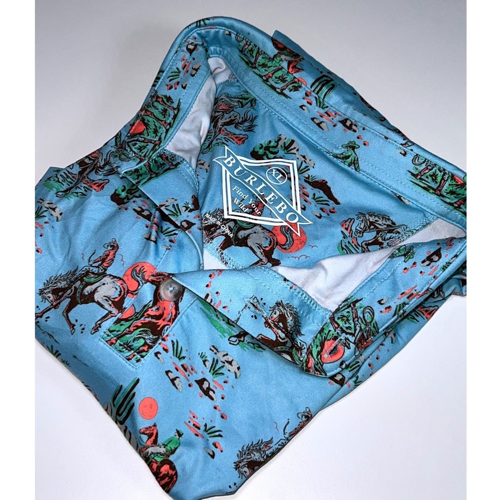 Burlebo Cowboy Up Performance Polo Mens XL Blue AOP Cowboy Bronco Print Stretch - Picture 7 of 8